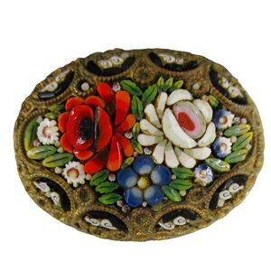 Antique Italian Micro Mosaic Glass Floral Millefiori Venetian Small 1” Brooch